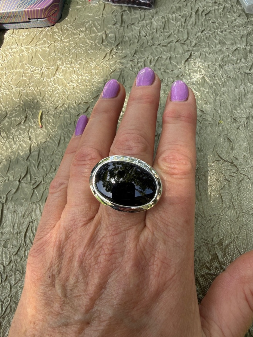 Silver plated Black Onyx Oval Statement Ring - Black size 8,5